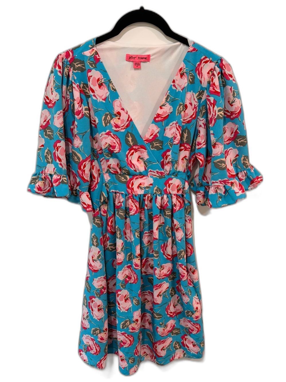 Betsey Johnson Blue & Pink Floral Rose V-Neck Ruffle Sleeve Dress Size 4P